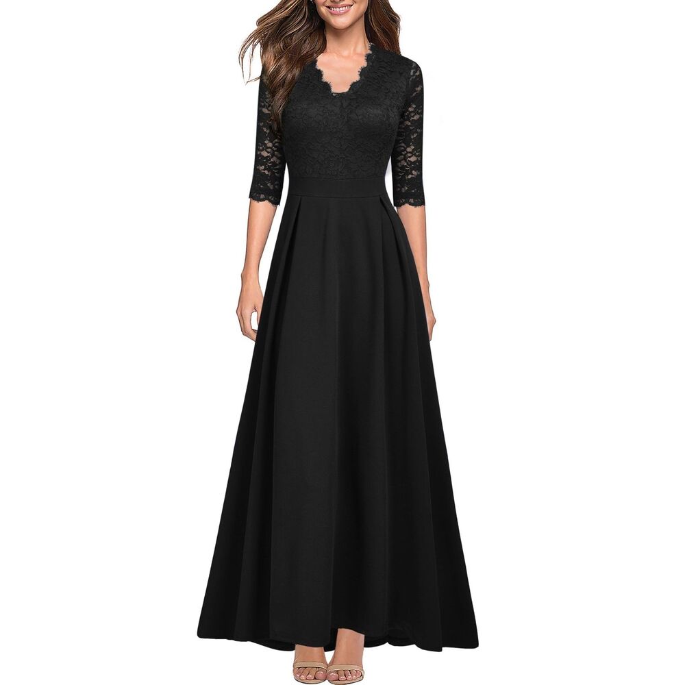 V Neck Lace Vintage Long Dress, SMALL, 8E-158D001